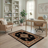 Ornate Black Persian Area Rug with Gold Floral Border