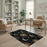 Golden Sun Moon Celestial Pattern Area Rug