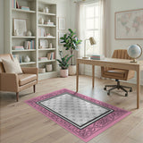 Pink Ornate Framed Gray Damask Area Rug