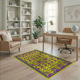 Vibrant Yellow Purple Tribal Bird Motif Rug