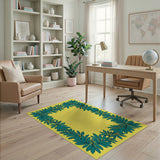 Vibrant Yellow Area Rug with Teal Leaf Border