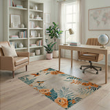 Cream Area Rug with Orange Peonies Teal Leaves Kingfishers