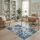 Navy Blue Leaf Branches Distressed Area Rug