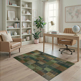 Vintage Green Patchwork Washable Area Rug - Low Pile, Non-Slip & Pet Friendly