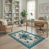 Blue and Teal Teal Floral Medallion Cream Area Rug