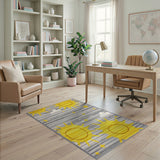 Playful Yellow Suns Stars Grey Striped Kids Rug