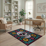 ODIKA Sugar Skull Washable Rug - Day of the Dead Floral Low Pile Non-Slip Area Rug