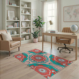Coral Teal Mandala Boho Area Rug