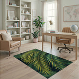 Vibrant Green Palm Frond Area Rug on Black
