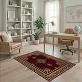ODIKA Washable Vintage Ornate Burgundy Gold Rug - Low Pile Non-Slip Area Rug