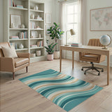 Sweeping Teal Waves Abstract Area Rug