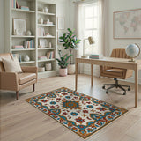 Cream Persian Medallion Rug with Blue Florals Gold Border