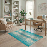 Teal Striped Geometric Area Rug with Ivory Shapes