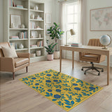 Navy Blue Roses Sunny Yellow Floral Area Rug