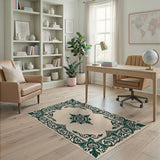 Ornate Teal Border Cream Area Rug