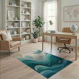 Teal Ocean Waves Area Rug with Fish Whale