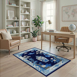 ODIKA Chinoiserie Ginger Jar Blue and White Washable Area Rug - Low Pile Non-Slip