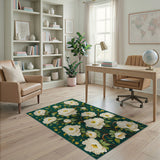 Emerald Green White Peony Floral Area Rug