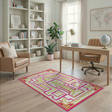 Pink Border Yellow Labyrinth Maze Area Rug