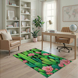 Vibrant Green Cactus Pink Flower Area Rug