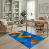 Blue Geometric Modern Area Rug with Orange Sun