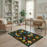 Vibrant Embroidered Birds Floral Area Rug