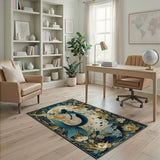 Vintage Art Deco Mermaid Navy & Gold Washable Area Rug, Low Pile Non-Slip