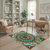 Teal Mandala Area Rug with Vibrant Orange Accents