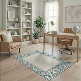 Ornate Teal Leaf Border Cream Area Rug