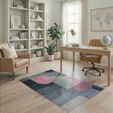 Modern Geometric Grey Rug with Pink Circles