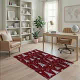 Festive Crimson Christmas Trees Snowflakes Area Rug