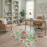 Vibrant Pink Floral Area Rug with Green Leaves