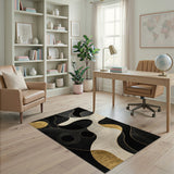 ODIKA Modern Abstract Gold and Black Washable Area Rug - Low Pile Non-Slip Indoor Rug