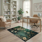 ODIKA Washable Emerald Green and Gold Floral Area Rug, Low Pile Non-Slip Vintage Chinoiserie Carpet
