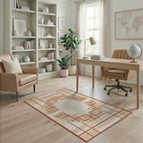 Modern Geometric Cream Rug with Terracotta Grid