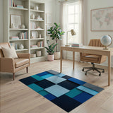 Layered Blue Teal Geometric Block Rug