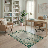 Green Emerald Green Botanical Floral Rug with Butterflies