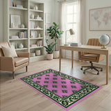 Pink Fleur-de-Lis Damask Rug with Ornate Green Border