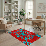 Vibrant Red Cyan Snowflake Geometric Rug