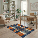 Navy Orange Geometric Striped Area Rug