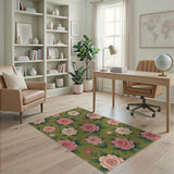 Sage Green Blush Pink Roses Floral Area Rug