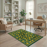 Emerald Green Persian Floral Rug with Golden Yellow Blooms