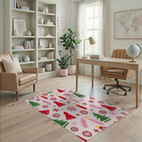 Festive Pink Christmas Gnomes Trees Snowflakes Rug
