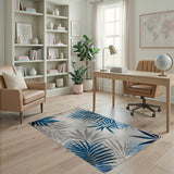 ODIKA Washable Tropical Palm Leaf Area Rug, Blue & Grey Low Pile Non-Slip Carpet