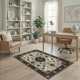Ivory Traditional Persian Area Rug with Navy Border