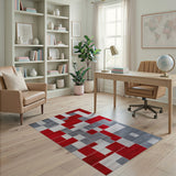 Modern Abstract Geometric Red and Grey Washable Area Rug - Non-Slip Low Pile