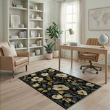 Exquisite Ivory Floral Black Area Rug