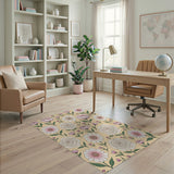 Vintage Pink White Floral Beige Area Rug