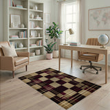 Distressed Vintage Plaid Area Rug in Black, Maroon Tan