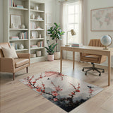 Washable Japanese Cherry Blossom Watercolor Area Rug - Low Pile & Non-Slip